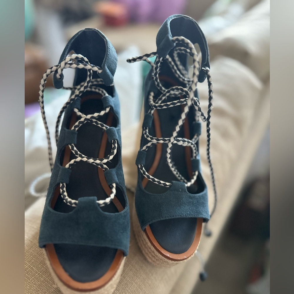 Tory Burch Navy Lace-Up Espadrille Wedges